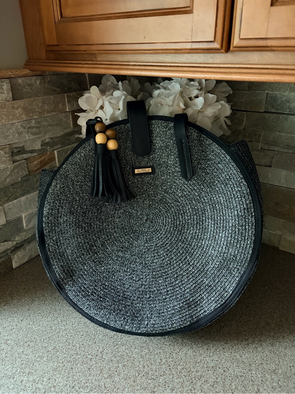 Sun & Sand Round Black & Gray Tote Bag with Tassel